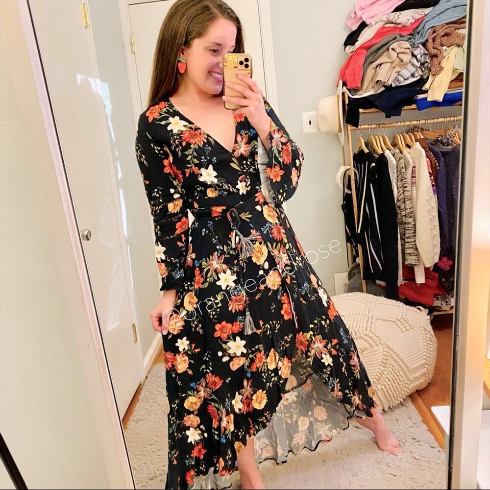 FARM Rio Brazil Black Floral Wrap Front Long Sleeve Maxi Dress Tropical XS